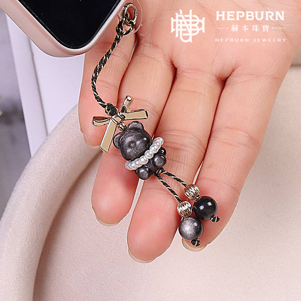 【赫本珠寶】設計款-銀曜石熊熊蝴蝶結手機吊飾,療癒能量,時尚吊飾,靈性飾品,可愛手機配件,招財防護