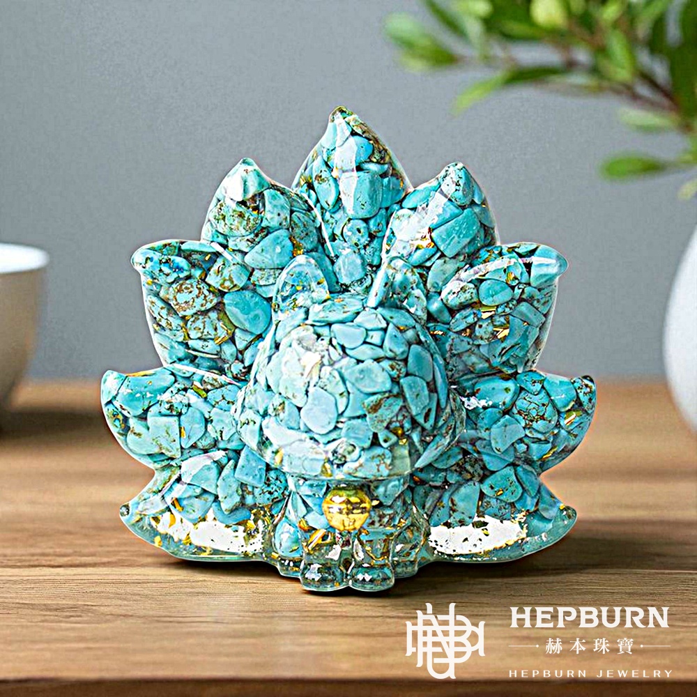 【赫本珠寶】奧剛水晶小碎石九尾萌狐能量擺件-(綠)綠松石九尾萌狐,能量飾品,居家擺飾,心輪守護,情緒平衡,招財旺運