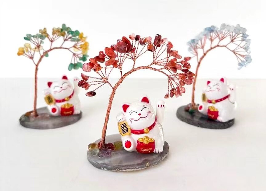 【赫本珠寶】靈貓之樹-紅瑪瑙招財貓擺件,風水擺設,水晶擺飾,QueenDom,幸運擺件,靈貓擺飾