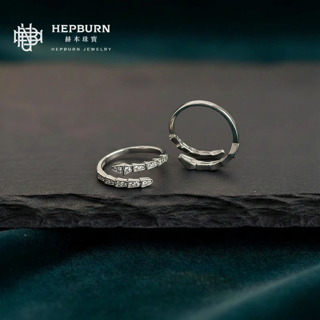 【赫本珠寶】S925純銀簡約蛇形鑲嵌活口戒指,守護能量,時髦戒指,個性穿搭,抗敏銀飾,靈蛇飾品