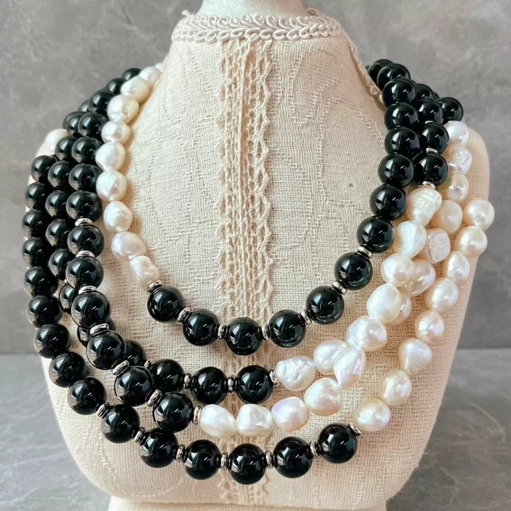 【赫本珠寶】夜光序曲 · 巴洛克淡水珍珠黑瑪瑙鎖骨鍊,法式高級感,現代設計款,能量防護,隨形珍珠,黑白穿搭
