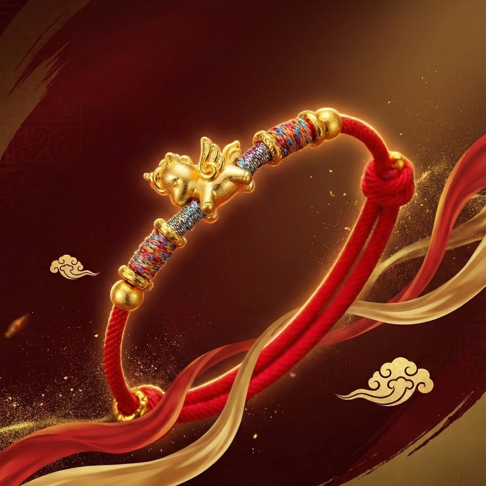 【赫本珠寶】999足銀招財金色天馬-紅色手繩,貴人運,本命年手鍊,開運飾品,馬到成功,避邪紅繩