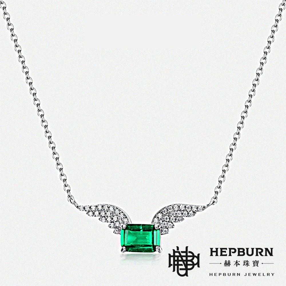【赫本珠寶】天使翅膀培育祖母綠項鍊S925銀(0.9克拉),翠綠寶石,典雅飾品,送禮推薦,幸福珠寶,祝福飾品