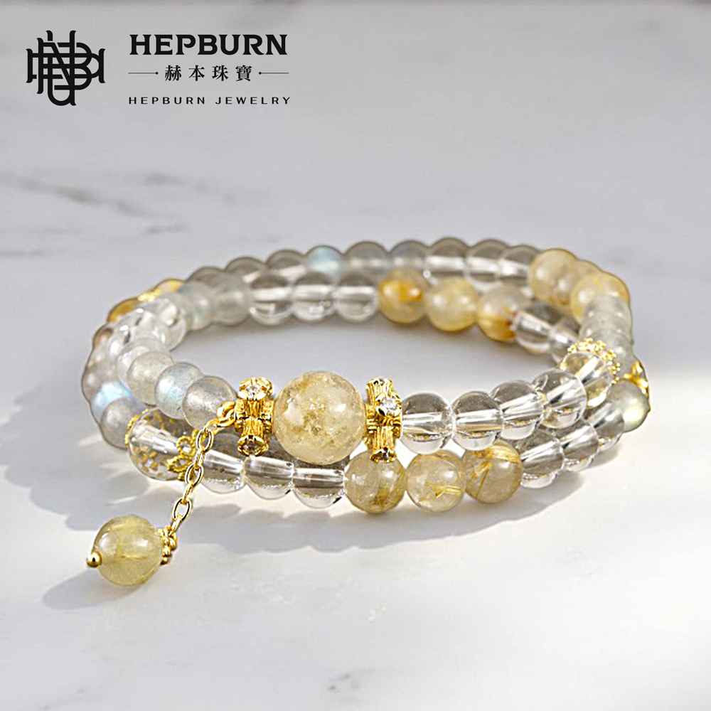【赫本珠寶】設計款-金梅花灰月光黃髮晶白水晶雙圈手鍊,手工飾品,天然水晶,淨化能量,情緒穩定,招財開運