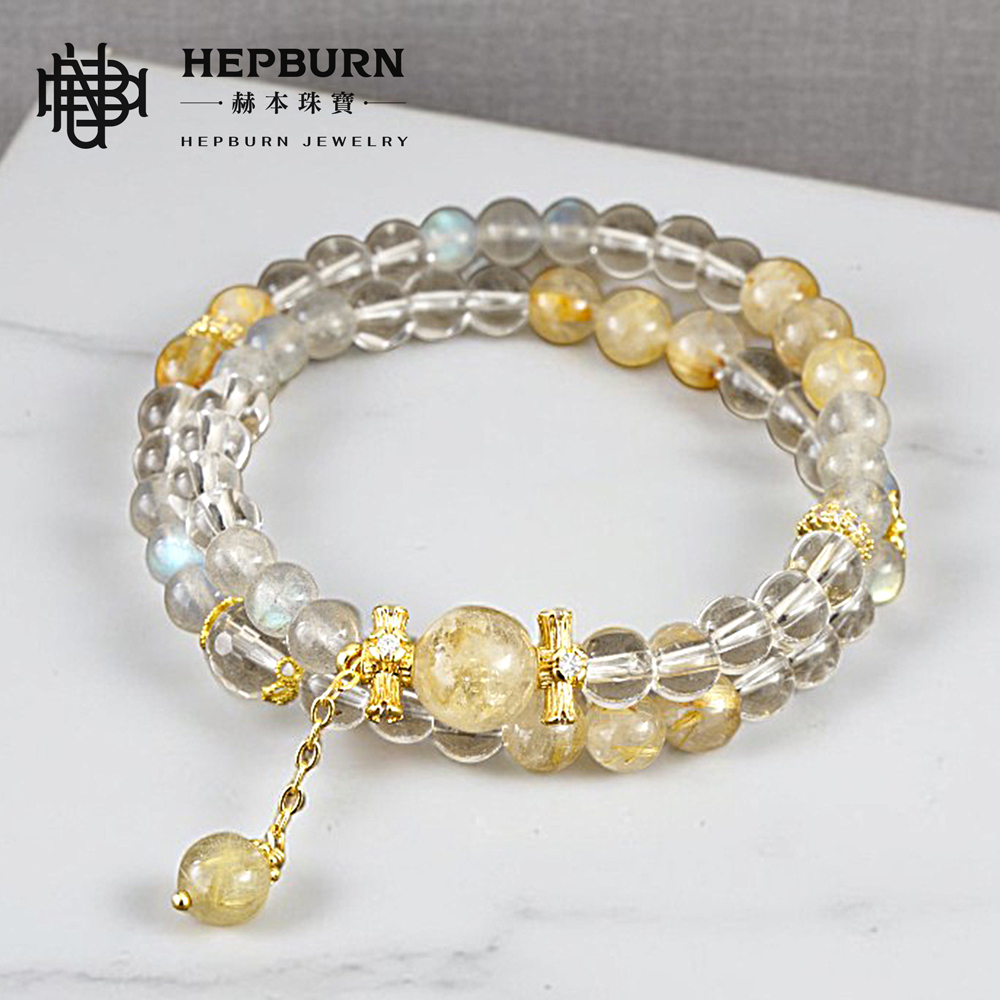 【赫本珠寶】設計款-金梅花灰月光黃髮晶白水晶雙圈手鍊,手工飾品,天然水晶,淨化能量,情緒穩定,招財開運