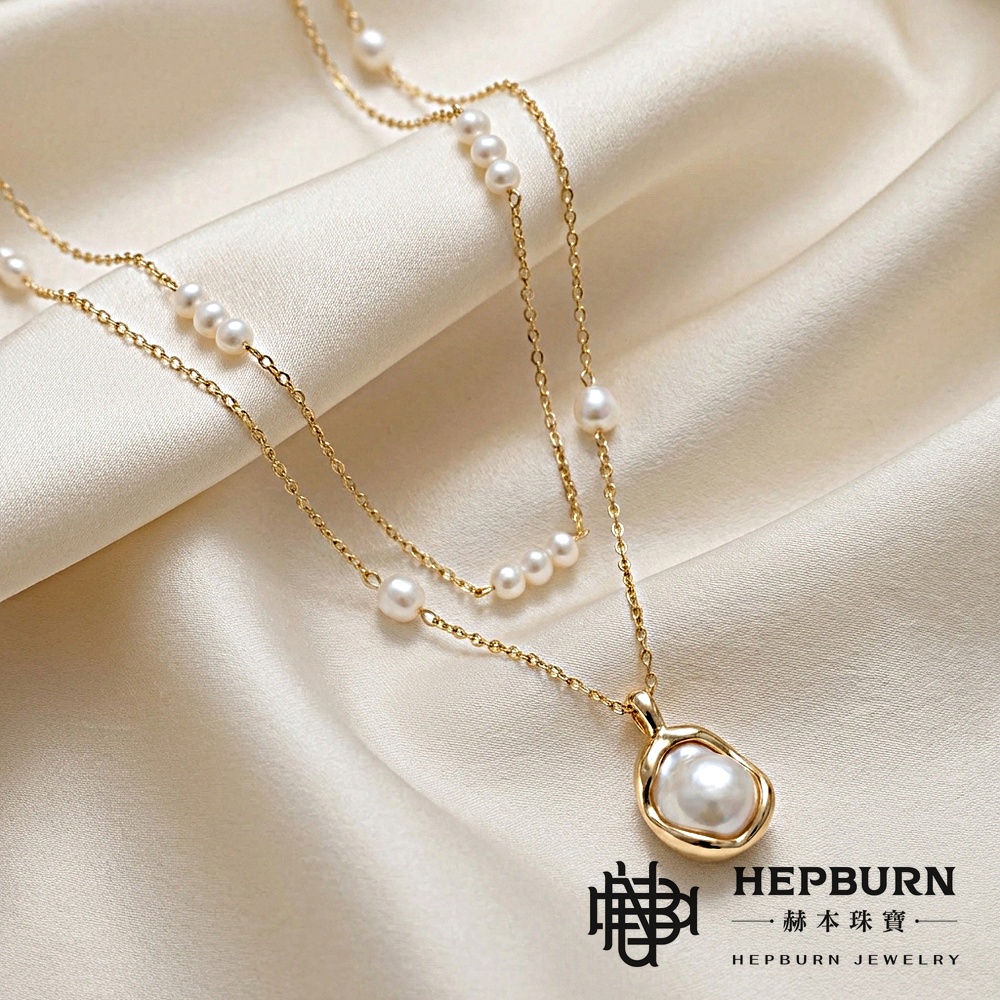 【赫本珠寶】淡水珍珠幾何橢圓疊戴項鍊,QueenDom,赫本珠寶,珍珠項鍊,幾何項鍊,疊戴項鍊