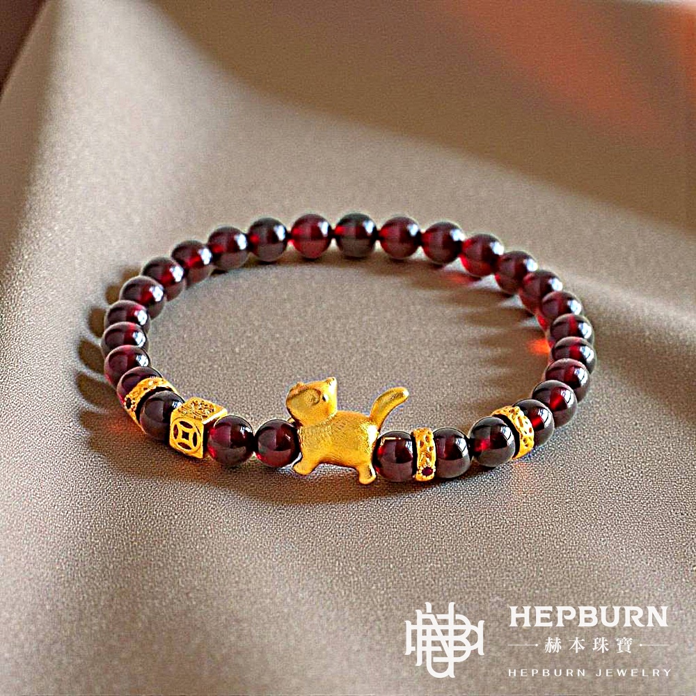 【赫本珠寶】設計款 - 紅運當頭 · 天然石榴石招財貓手鍊(6mm),幸運守護,6mm手珠,招財能量,提升氣色,女人石