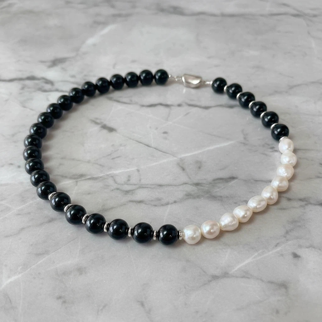 【赫本珠寶】夜光序曲 · 巴洛克淡水珍珠黑瑪瑙鎖骨鍊,法式高級感,現代設計款,能量防護,隨形珍珠,黑白穿搭