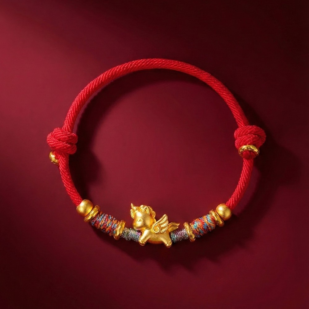 【赫本珠寶】999足銀招財金色天馬-紅色手繩,貴人運,本命年手鍊,開運飾品,馬到成功,避邪紅繩