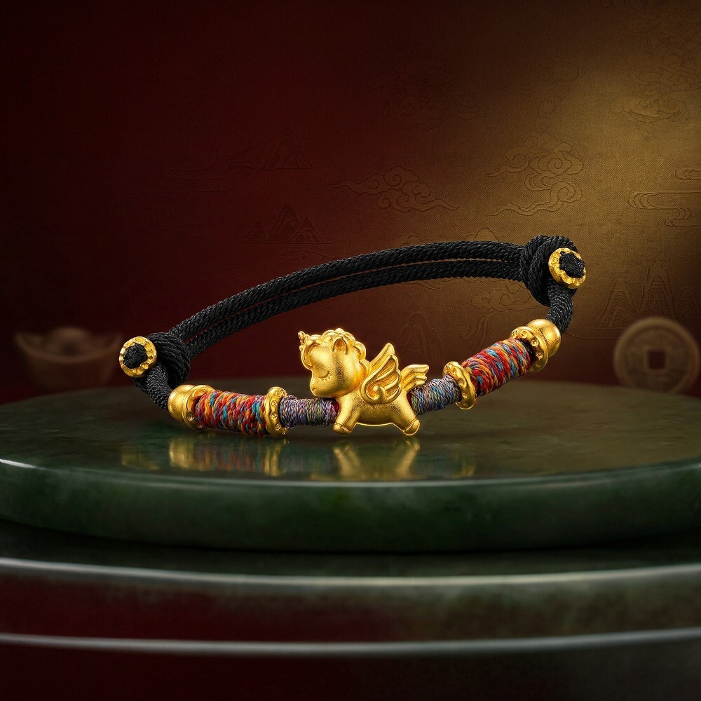 【赫本珠寶】999足銀招財金色天馬-黑色手繩,貴人運,抗敏銀飾,中性飾品,事業運,馬到成功