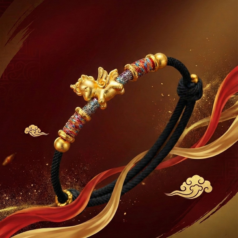 【赫本珠寶】999足銀招財金色天馬-黑色手繩,貴人運,抗敏銀飾,中性飾品,事業運,馬到成功