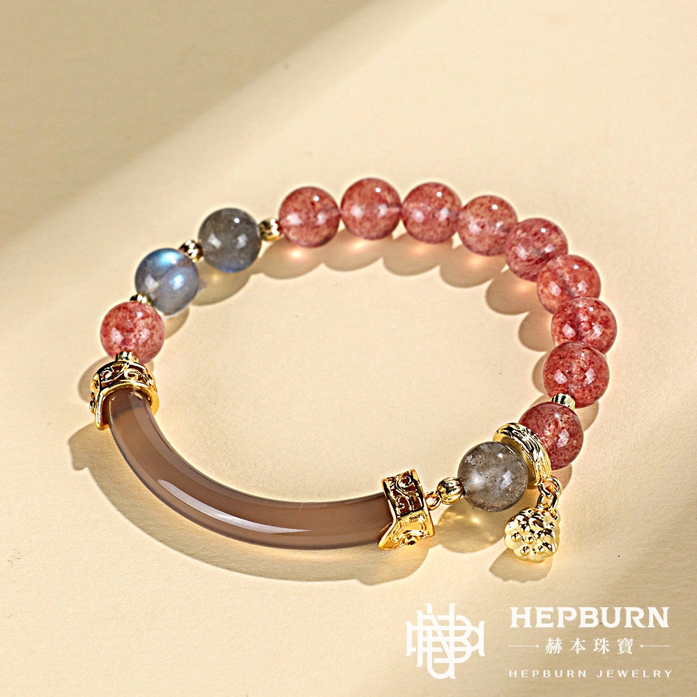 【赫本珠寶】設計款-拉長石草莓晶半鐲手鍊-紫螢石玫瑰花,能量手鍊,時尚飾品,情感療癒,靈感提升,半鐲手鍊