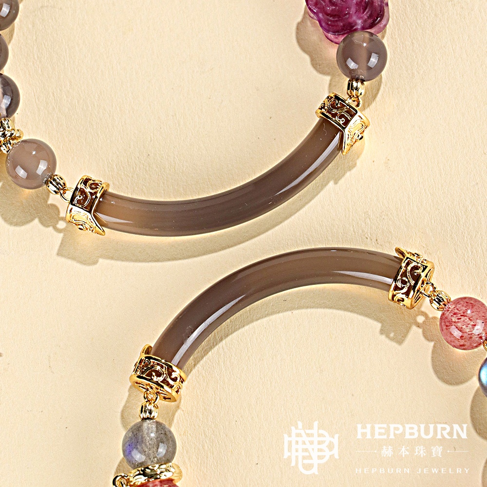【赫本珠寶】設計款-拉長石草莓晶半鐲手鍊-紫螢石玫瑰花,能量手鍊,時尚飾品,情感療癒,靈感提升,半鐲手鍊