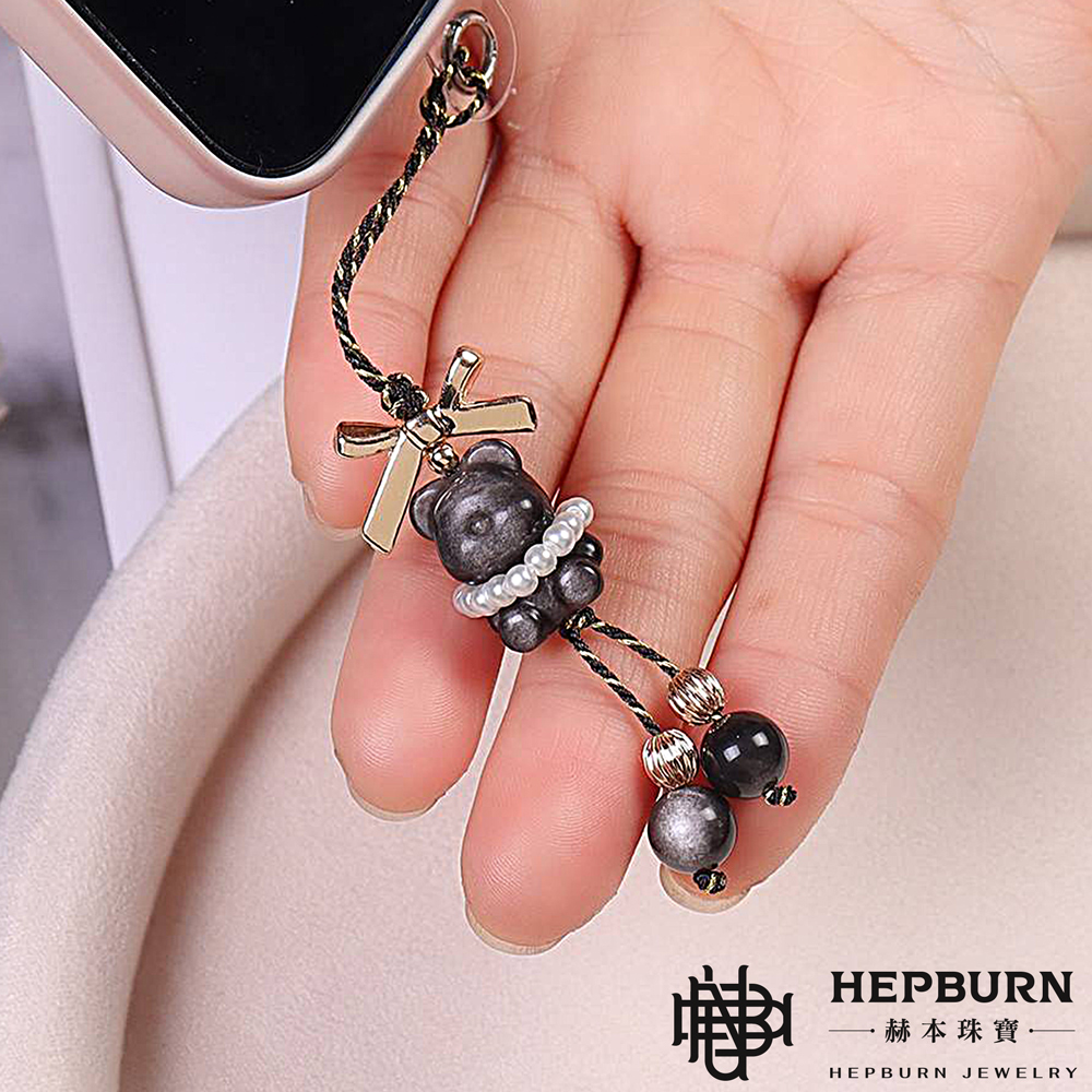 【赫本珠寶】設計款-銀曜石熊熊蝴蝶結手機吊飾,療癒能量,時尚吊飾,靈性飾品,可愛手機配件,招財防護