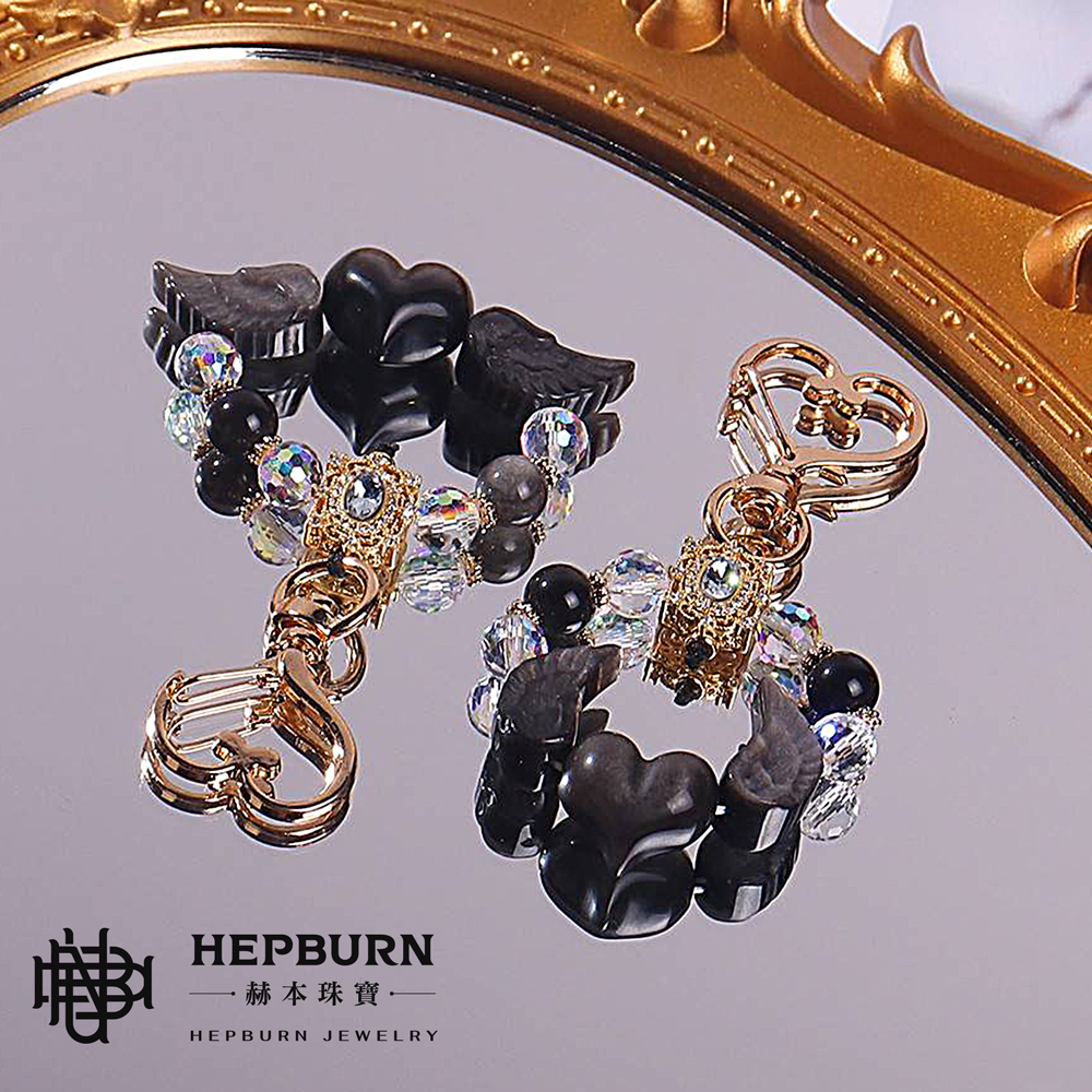 【赫本珠寶】設計款-銀曜石愛心翅膀手機吊飾,質感飾品,隨身開運,能量平衡,天使守護,愛心翅膀