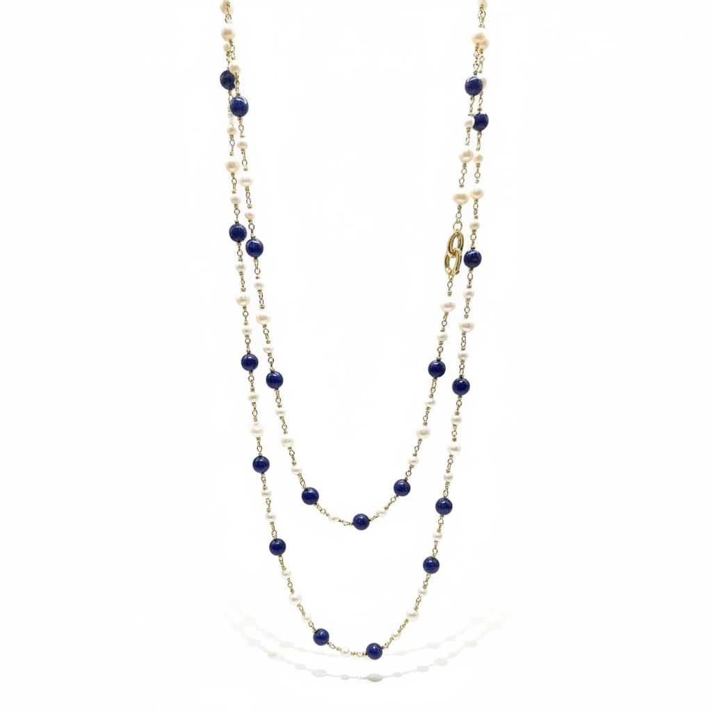 【赫本珠寶】設計款 - 淡水珍珠青金石滿天星毛衣鍊,QueenDom,赫本珠寶,珍珠毛衣鍊,青金石項鍊,滿天星設計