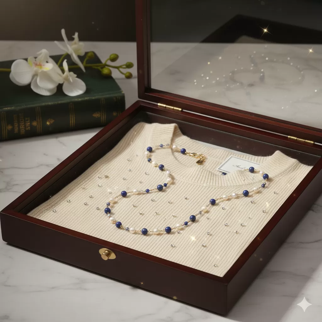 【赫本珠寶】設計款 - 淡水珍珠青金石滿天星毛衣鍊,QueenDom,赫本珠寶,珍珠毛衣鍊,青金石項鍊,滿天星設計