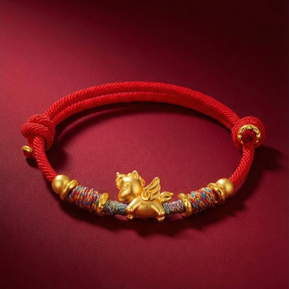 【赫本珠寶】999足銀招財金色天馬-紅色手繩