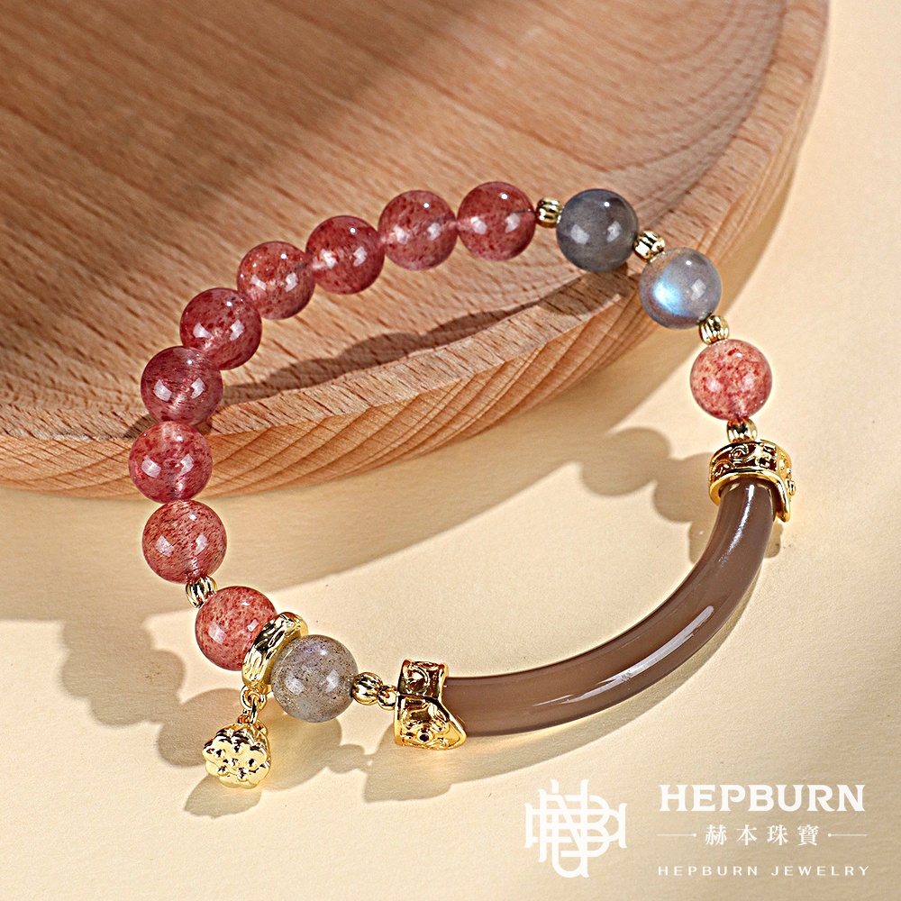 設計款-拉長石草莓晶半鐲手鍊-蓮藕草莓晶
