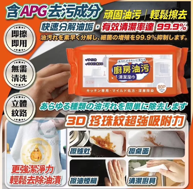 加大加厚超強去油污廚房濕巾*3包,U53570010,加大加厚超強去油污廚房濕巾*3包,亮晶晶,快速分解,所有商品